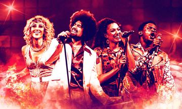 Four performers on stage in 70s disco clothes.
