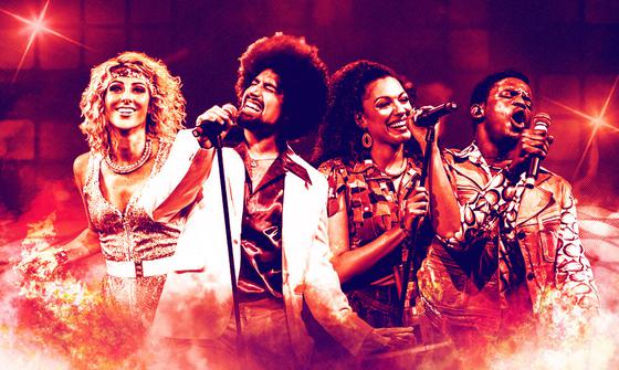Four performers on stage in '70s disco clothes