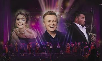 Carly Paoli, Aled Jones and Gareth Dafydd Morris are all semi transparent images over the top of the Fulltone Orchestra who are playing in purple light