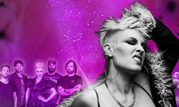 A greyscale image of Stacy Green, a Pink tribute artist, with herself and four other band members as a smaller image in the bottom left corner, on a purple sparkly background