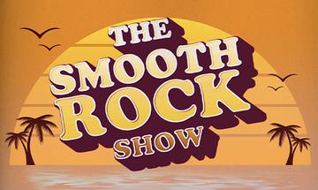 "The Smooth Rock Show" written in the middle of the image, surrounded by palm trees and birds, on an orange sunset background