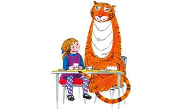 An illustrated image of a young girl sat next to a tiger at a table, on a white background