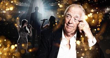 Sir Tim Rice sat with his hand resting against the side of his head, looking to one side. He is surrounded by gold sparkles. Two the left of him are shadows of three performers.
