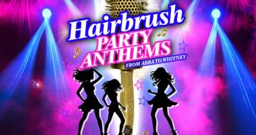 A gold hairbrush with the silhouette of three women dancing around it with 'Hairbrush Party Anthems' over the top of it
