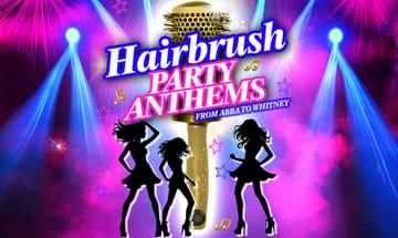 A gold hairbrush with the silhouette of three women dancing around it with 'Hairbrush Party Anthems' over the top of it