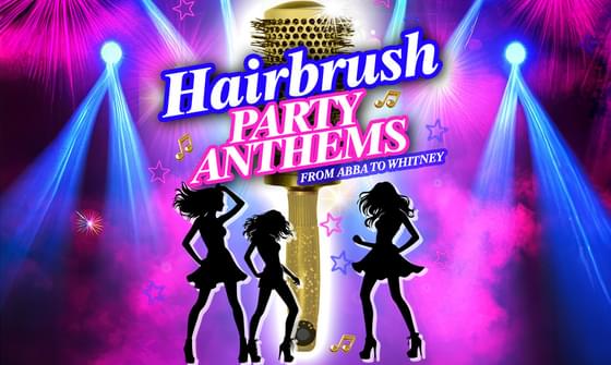 A gold hairbrush with the silhouette of three women dancing around it with 'Hairbrush Party Anthems' over the top of it