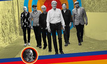 A slanted image of group of six older men in smart casual dress walking along a road. The road is in a yellow sepia tone and the men are all in black and white. There's a graphic of semi transparent light blue and orange circles resembling a target with a red circle in the centre behind the men. There are solid coloured striped that are dark blue, red, and orange at the bottom of the image with a black and white image of a man with dreadlocks and glasses singing in a white, orange, and red circle on the left of the stripes