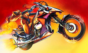 A stylised, futuristic motorcycle with a rider in dynamic pose against a fiery red and orange background
