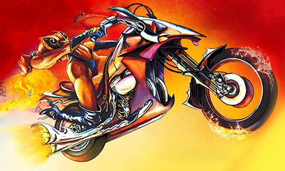 A stylised, futuristic motorcycle with a rider in dynamic pose against a fiery red and orange background