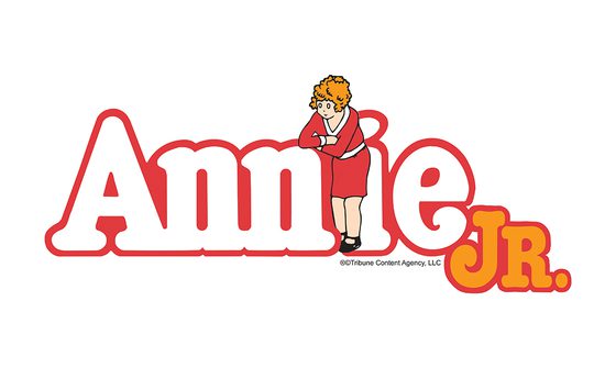 White text with a red outline reading 'Annie' with a small 'Jr.' next to it in orange. There is an illustration of Annie leaning in the second 'n'