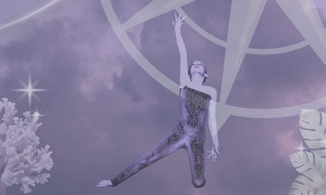 A purple image of a girl posing on the floor while kneeling, she has one arm stretched up and one leg out to the side in a dark leotard with coral, leaves, and a compass around her