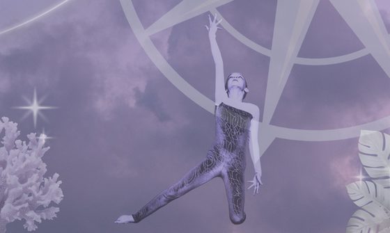 A purple image of a girl posing on the floor while kneeling, she has one arm stretched up and one leg out to the side in a dark leotard with coral, leaves, and a compass around her