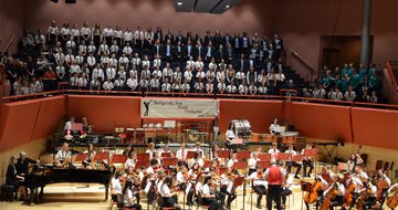 A large group of children in white shirts and various coloured ties at The Anvil performing on stage with instruments or singing in the choir stalls