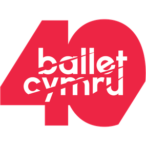A big red silhouette of a 40 with white text reading "ballet cymru" in the centre