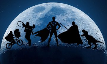 Various character silhouettes on the moon. From left to right they are Elliot on his bike with E.T. in the basket, Indian Jones with his whip, Superman, Darth Vader, and a T-Rex