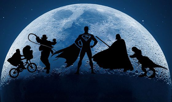 Various character silhouettes on the moon. From left to right they are Elliot on his bike with E.T. in the basket, Indian Jones with his whip, Superman, Darth Vader, and a T-Rex