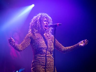 A Tina Turner tribute in a sparkling gold outfit performing on stage under purple and blue lights, with open arms