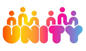 Colourful text fading from yellow, to orange, to pink, to blue reading 'Unity' with curved lines and circles above resembling people