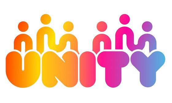 Colourful text fading from yellow, to orange, to pink, to blue reading 'Unity' with curved lines and circles above resembling people
