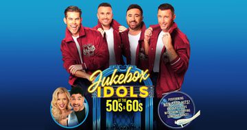 The Overtones wearing 50s style red letterman jackets with white t-shirts stood behind a blue jukebox. There is yellow text that reads "Jukebox Idols of the 50s & 60s”. To the left of the text is a circle with Nadiya Bychkova, a blonde white woman, and Louis Smith, a black man with short black hair, they’re both smiling. To the right of the text is a record with text reading “Performing non-stop hits! Brought to life with show stopping song and dance"