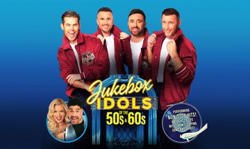 The Overtones wearing 50s style red letterman jackets with white t-shirts stood behind a blue jukebox. There is yellow text that reads "Jukebox Idols of the 50s & 60s”. To the left of the text is a circle with Nadiya Bychkova, a blonde white woman, and Louis Smith, a black man with short black hair, they’re both smiling. To the right of the text is a record with text reading “Performing non-stop hits! Brought to life with show stopping song and dance"