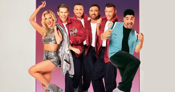 Nadiya Bychkova in a silver top, shorts, roller skates, and jacket that she's holding over her shoulder. To the right of her are The Overtones in white t-shirts with red letterman jackets over the top and black trousers. And on the very end next to them is Louis Smith, in a bright blue bowling shirt with black trousers and white shoes. Everyone is smiling and posing. They're in a box with a purple gradient and a beige background surrounding them.