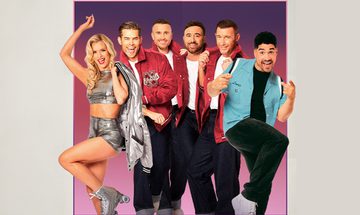 Nadiya Bychkova in a silver top, shorts, roller skates, and jacket that she's holding over her shoulder. To the right of her are The Overtones in white t-shirts with red letterman jackets over the top and black trousers. And on the very end next to them is Louis Smith, in a bright blue bowling shirt with black trousers and white shoes. Everyone is smiling and posing. They're in a box with a purple gradient and a beige background surrounding them.