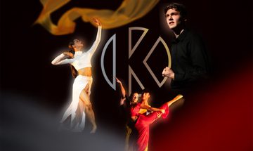 An image of four performers, a woman in white dancing, a couple in red dancing, and a man looking dramatic with his fist clenched. In the centre is a logo of a 'K'