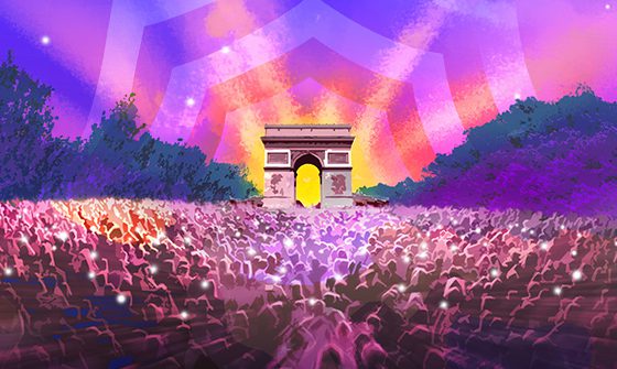 An illustrated image of a crowd gathered in front of the Arc de Triomphe, illuminated by pink and purple lights against a sunset sky, creating a festive atmosphere