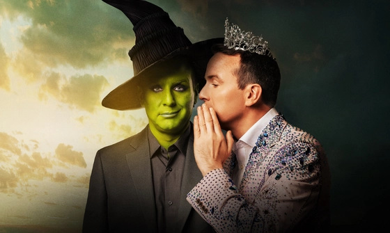 A recreation of the Wicked poster, with Matt Forde dressed as both Elphaba and Glinda, in respective black and pink glitter suits