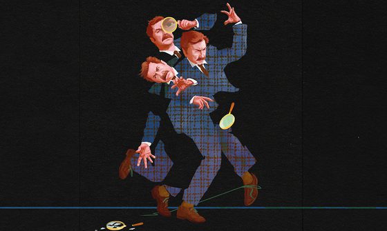 An illustration of three Mike Wozniak's on top of each other in a blue checked suit on a black background. One Mike is proudly holding a magnifying glass to his eye, the next has dropped it and is panicking trying to catch it, the third is sadly reaching for the smashed magnifying glass on the ground