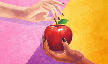 An illustartion of a hand holding up an apple and another hand reaching for it on a pink and yellow background