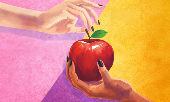 An illustartion of a hand holding up an apple and another hand reaching for it on a pink and yellow background