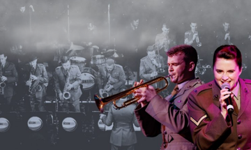 A woman and a man in miliary uniform sing and play trumpet in front of a black and white image of a full band