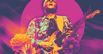 A man in an acid wash jacket leans back with his eyes closed as he plays the guitar, surrounded by flowers on a purple background