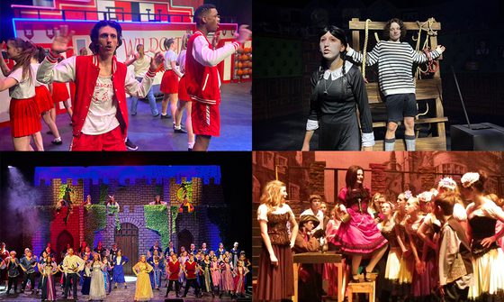 A four way split image of photos from previous RARE productions including High School Musical, The Addams Family, Sleeping Beauty, and Oliver
