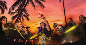 A beach setting at sunset with large photos of lots of people around singing, DJing, or playing various instruments