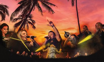 A beach setting at sunset with large photos of lots of people around singing, DJing, or playing various instruments