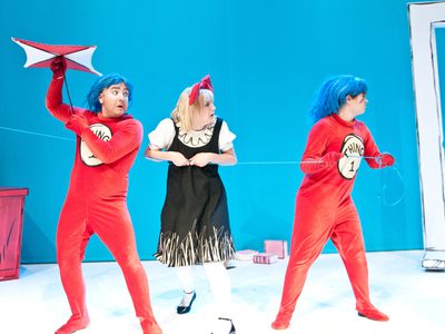 Thing 1 & 2 try and fly a kite with Sally inside the house