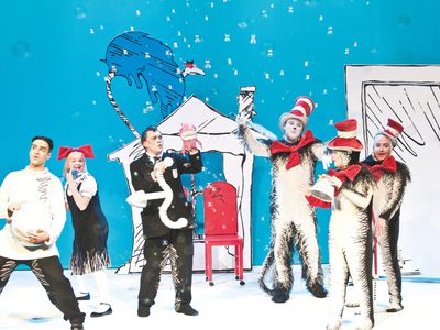 All the characters stand within Sally and her brother's house, the Cat in the Hat, the fish and Thing 1 & 2