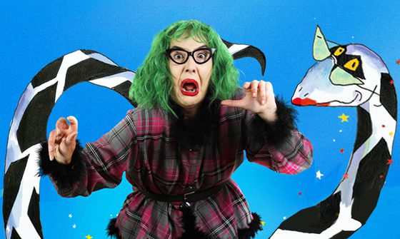 A woman with a very pale face, green hair, red lipstick, and black cat eye glasses, wearing a pink and grey plaid coat with fluffy black trim, looking very distressed as a huge illustrated white and black snake, also wearing similar glasses and lipstick, smiles behind her wrapping around the image.