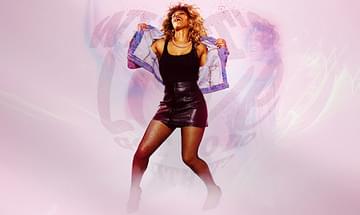 A Tina Turner tribute act posing with a denim jacket open, wearing a black top and skirt. The background is pink and purple with abstract art and text