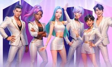 Three cartoon men and three cartoon women all dressed in white outfits and all with various shades of blue and purple hair stand next to each other posing