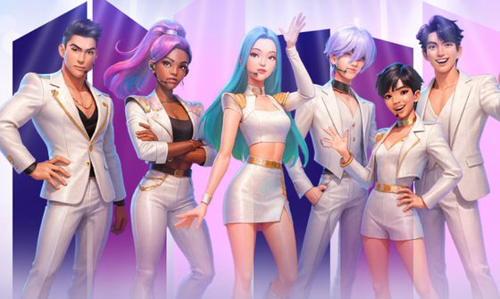Three cartoon men and three cartoon women all dressed in white outfits and all with various shades of blue and purple hair stand next to each other posing