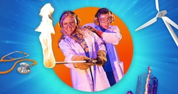 A male and female scientist, both in lab coats, the female scientist holds out a stick with fire on the end. They're both pictured within an orange circle on a blue background