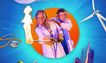 A male and female scientist, both in lab coats, the female scientist holds out a stick with fire on the end. They're both pictured within an orange circle on a blue background