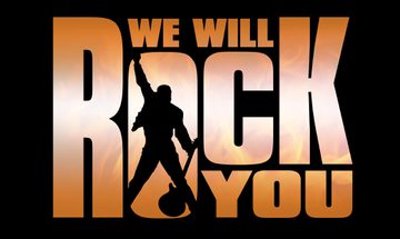 Orange text with a flame effect reading 'We Will Rock You' on a black background. In the centre of the O is a silhouette of a man in a jacket holding a guitar in one hand and had one fist in the air.