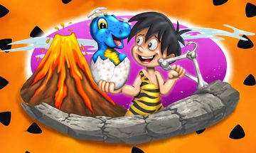 An illustration of a young boy dressed a cave man in a yellow and black striped toga holding an egg with a blue dinosaur and a coat hanger made of bones. They're stood next to a volcano
