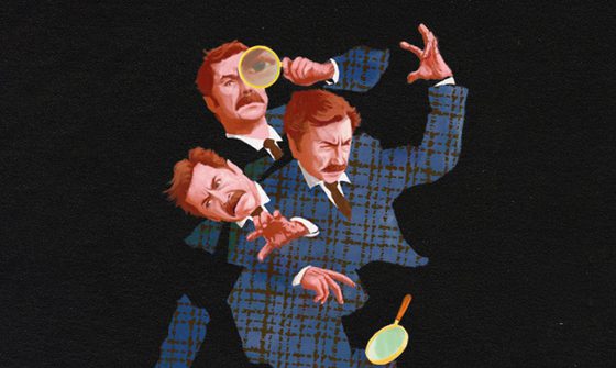 An illustration of three Mike Wozniak's on top of each other in a blue checked suit on a black background. One Mike is proudly holding a magnifying glass to his eye, the next has dropped it and is panicking trying to catch it, the third is sadly reaching for the smashed magnifying glass on the ground