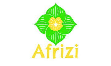 Logo for Afrizi featuring a stylized green flower with a yellow centre above the text "Afrizi" in yellow